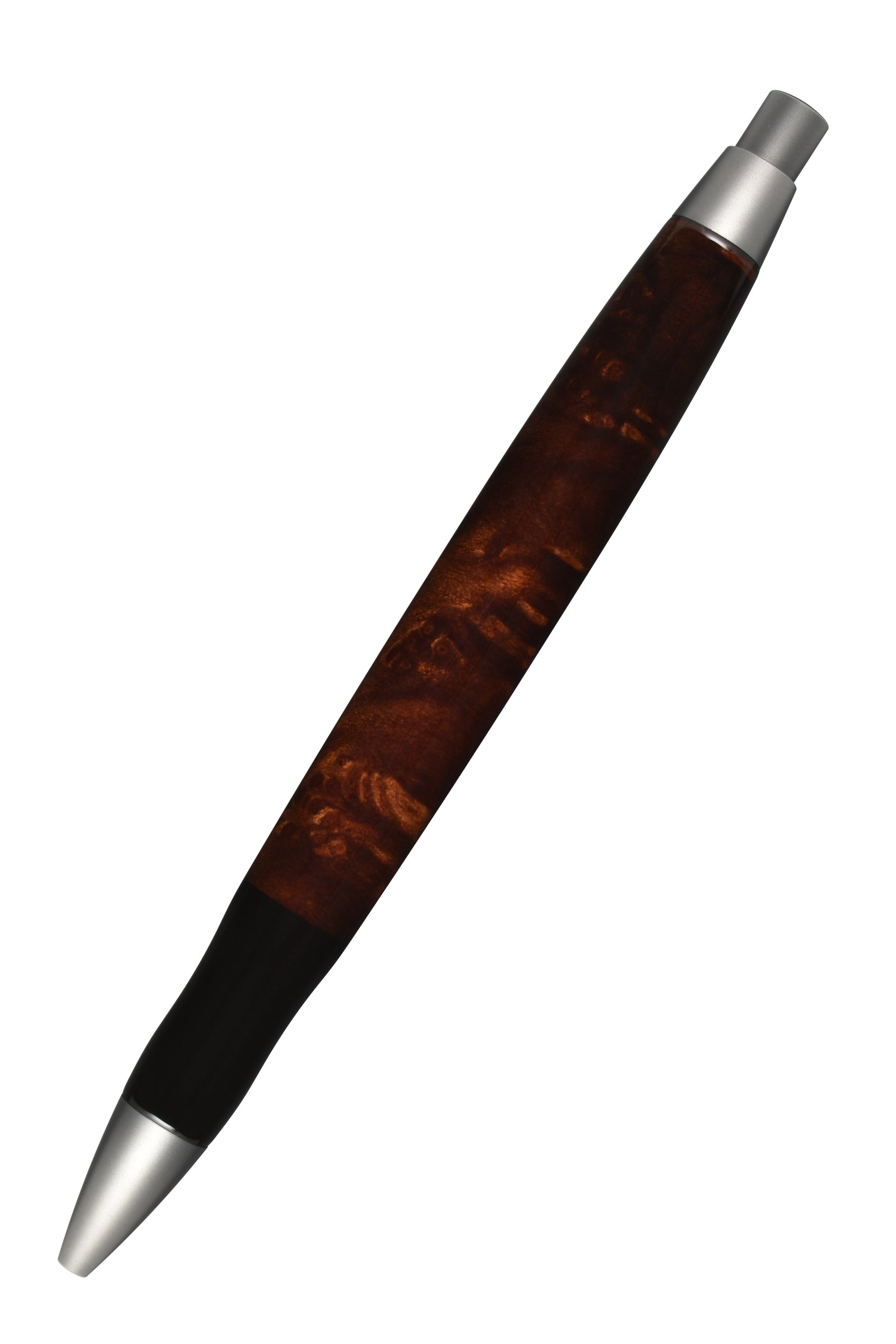Ansicht von hinten: "EDELGRAF CLASSIC Kugelschreiber aus Vavona Maser, schräg dargestellt, Spitze unten links, Drücker oben rechts, auf weißem Hintergrund – Rückansicht, Seriennummer 01/0012