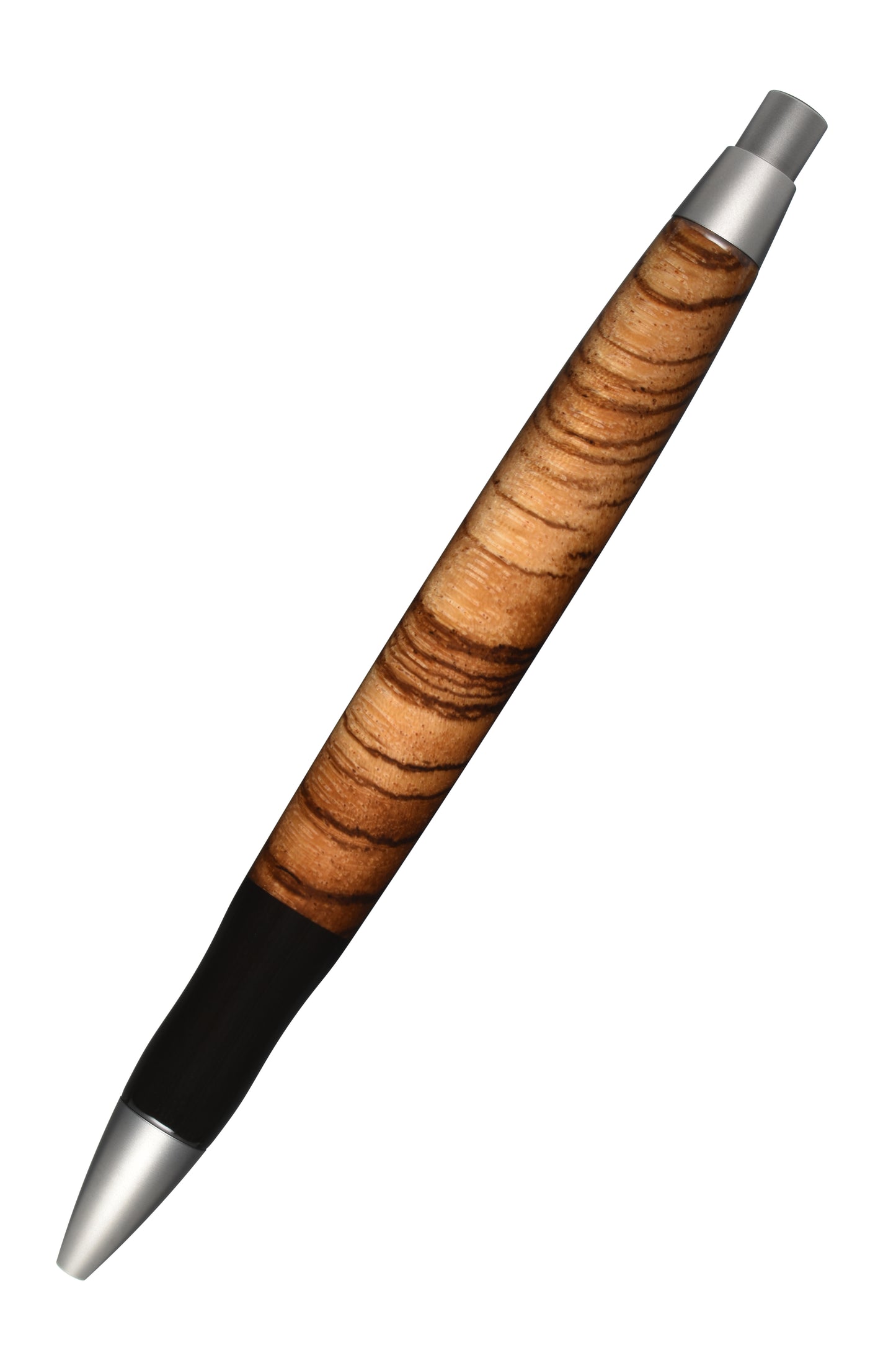 Ansicht von hinten: "EDELGRAF CLASSIC Kugelschreiber aus Zebrano, schräg dargestellt, Spitze unten links, Drücker oben rechts, auf weißem Hintergrund – Rückansicht, Seriennummer 01/0013
