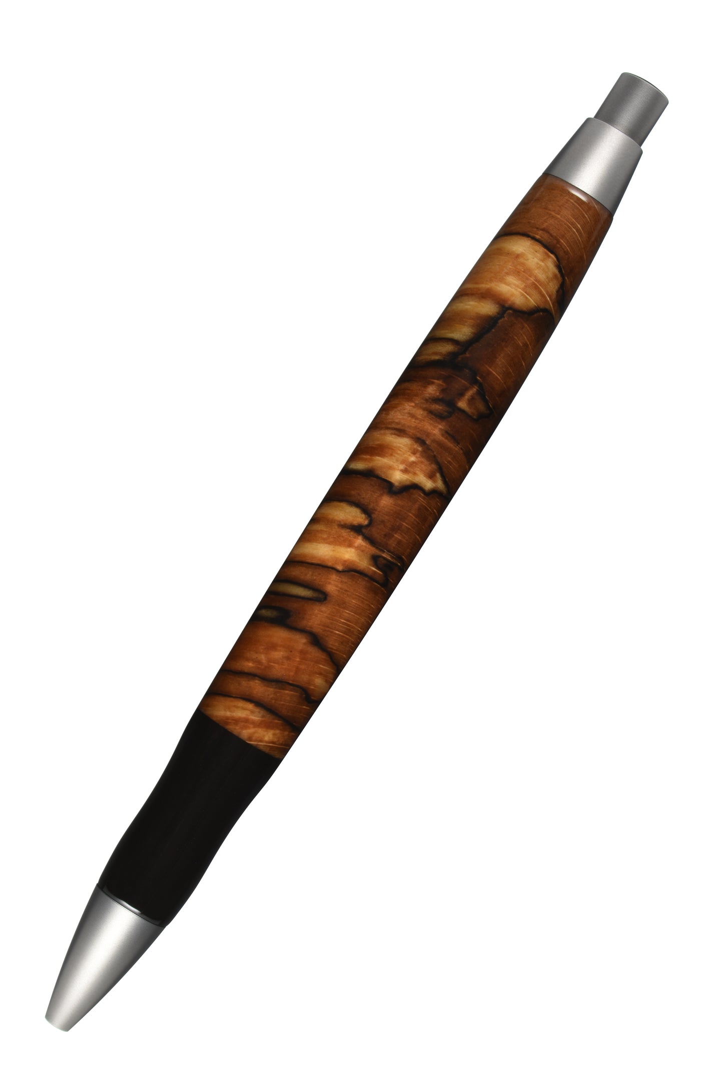 Ansicht von hinten: "EDELGRAF CLASSIC Kugelschreiber aus Rotbuche Gestockt, schräg dargestellt, Spitze unten links, Drücker oben rechts, auf weißem Hintergrund – Rückansicht, Seriennummer 01/0015