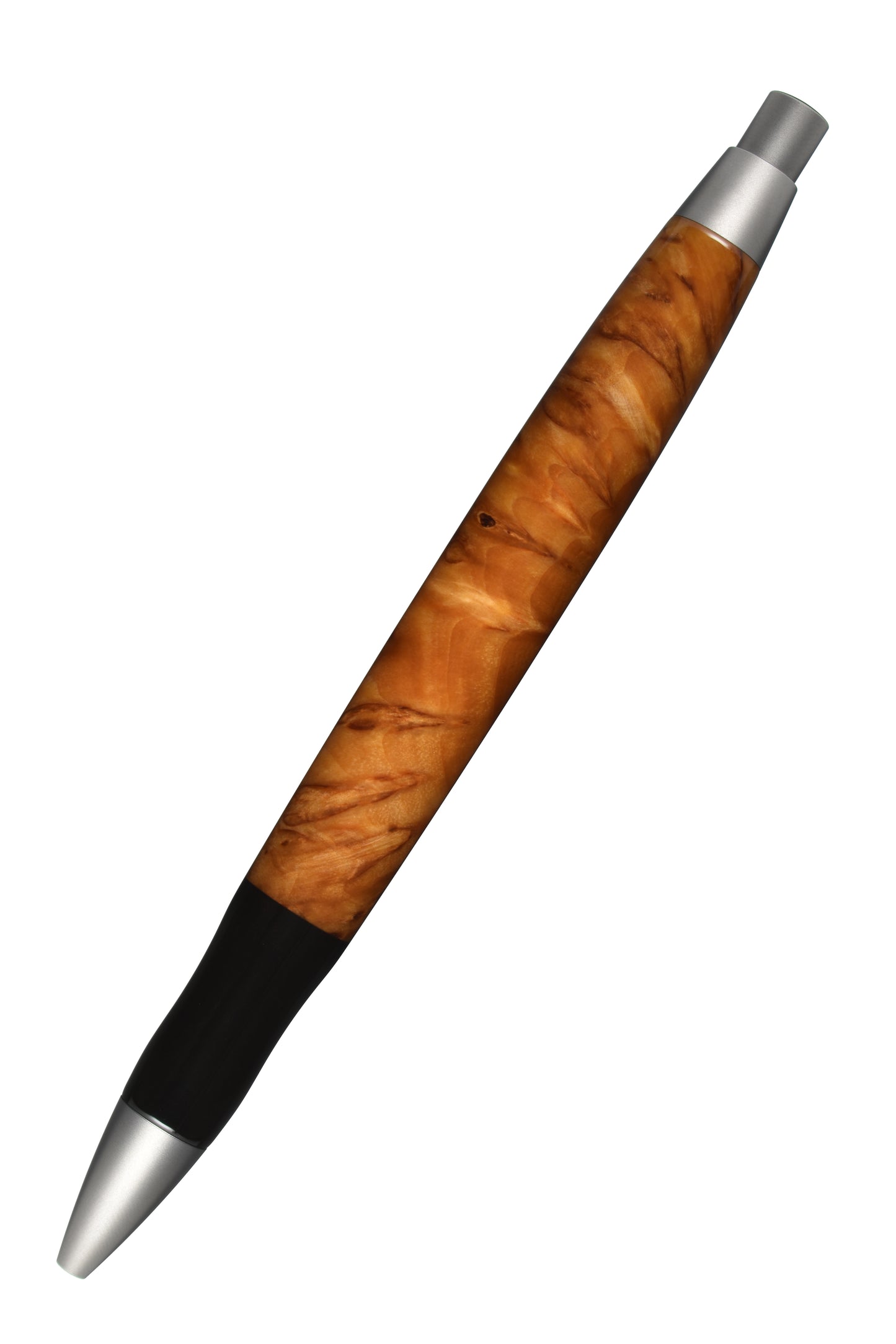 Ansicht von hinten: "EDELGRAF CLASSIC Kugelschreiber aus Karelischer Maserbirke, schräg dargestellt, Spitze unten links, Drücker oben rechts, auf weißem Hintergrund – Rückansicht, Seriennummer 01/0019