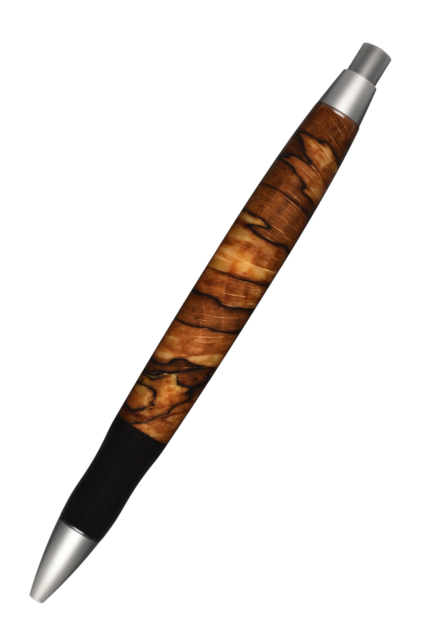 Ansicht von hinten: "EDELGRAF CLASSIC Kugelschreiber aus Rotbuche Gestockt, schräg dargestellt, Spitze unten links, Drücker oben rechts, auf weißem Hintergrund – Rückansicht, Seriennummer 01/0039