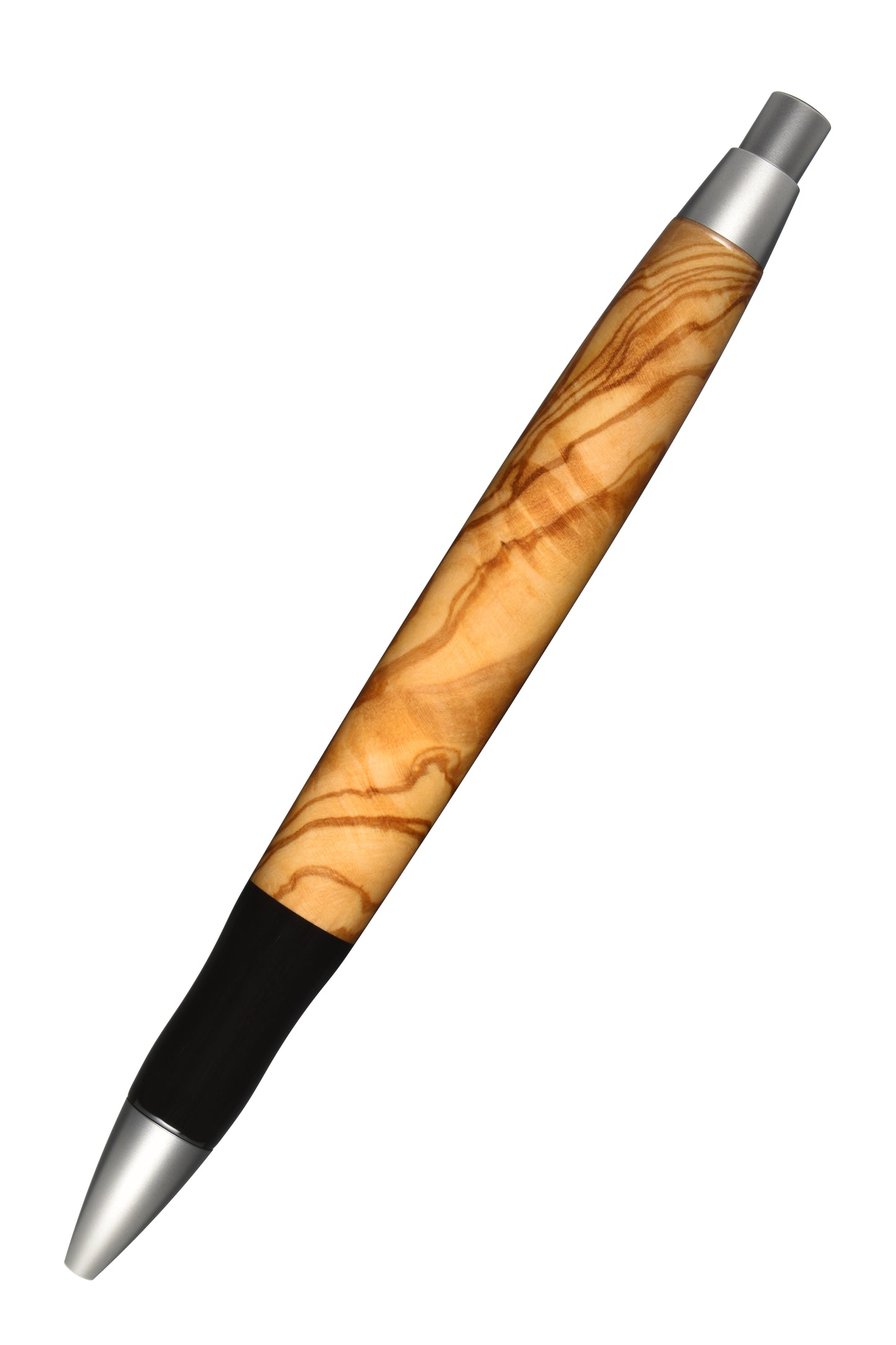 Ansicht von hinten: "EDELGRAF CLASSIC Kugelschreiber aus Olivenholz, schräg dargestellt, Spitze unten links, Drücker oben rechts, auf weißem Hintergrund – Rückansicht, Seriennummer 01/0044