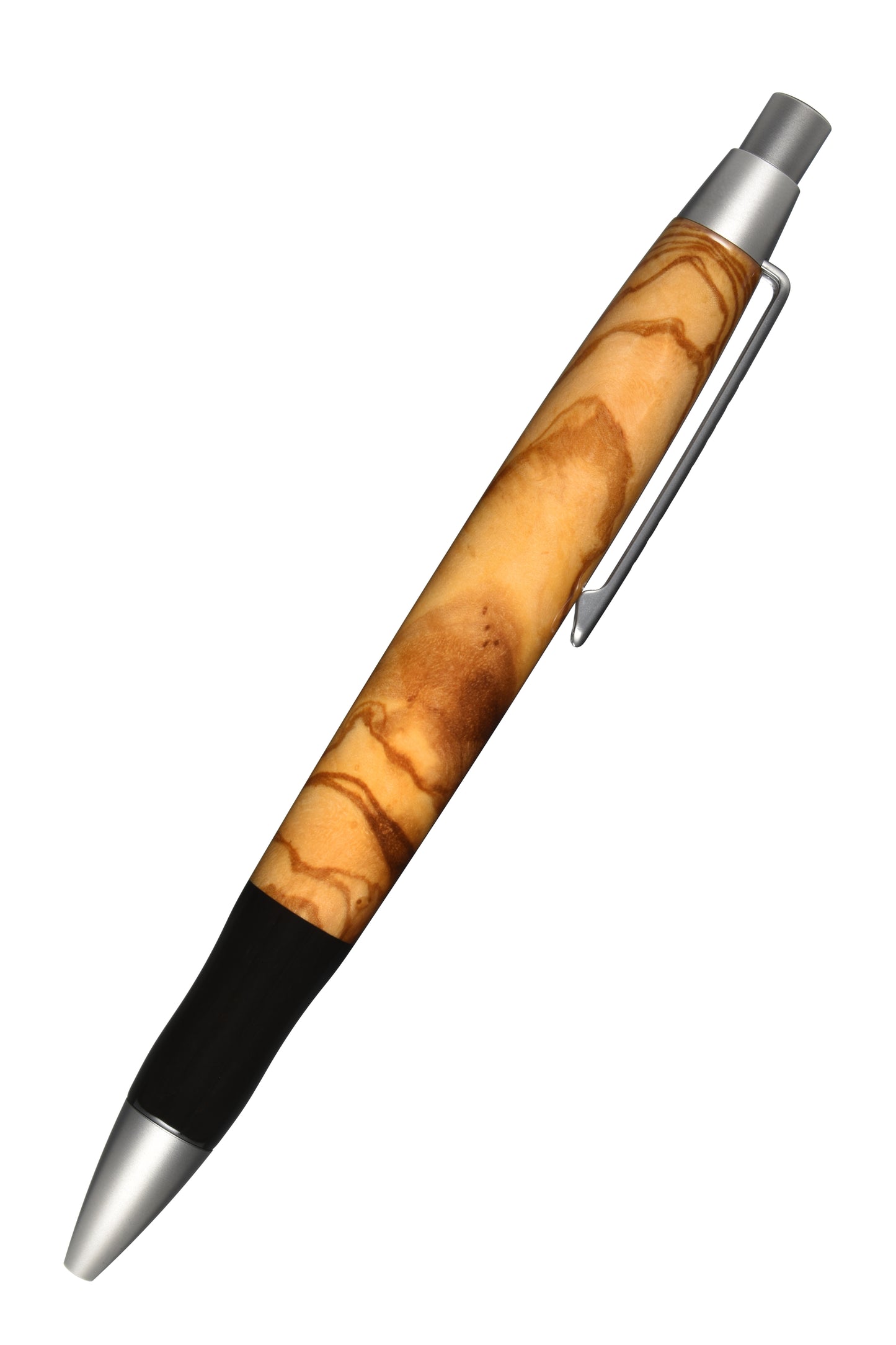 Ansicht von rechts: "EDELGRAF CLASSIC Kugelschreiber aus Olivenholz, schräg dargestellt, Spitze unten links, Drücker oben rechts, auf weißem Hintergrund – rechte Seitenansicht, Seriennummer 01/0044