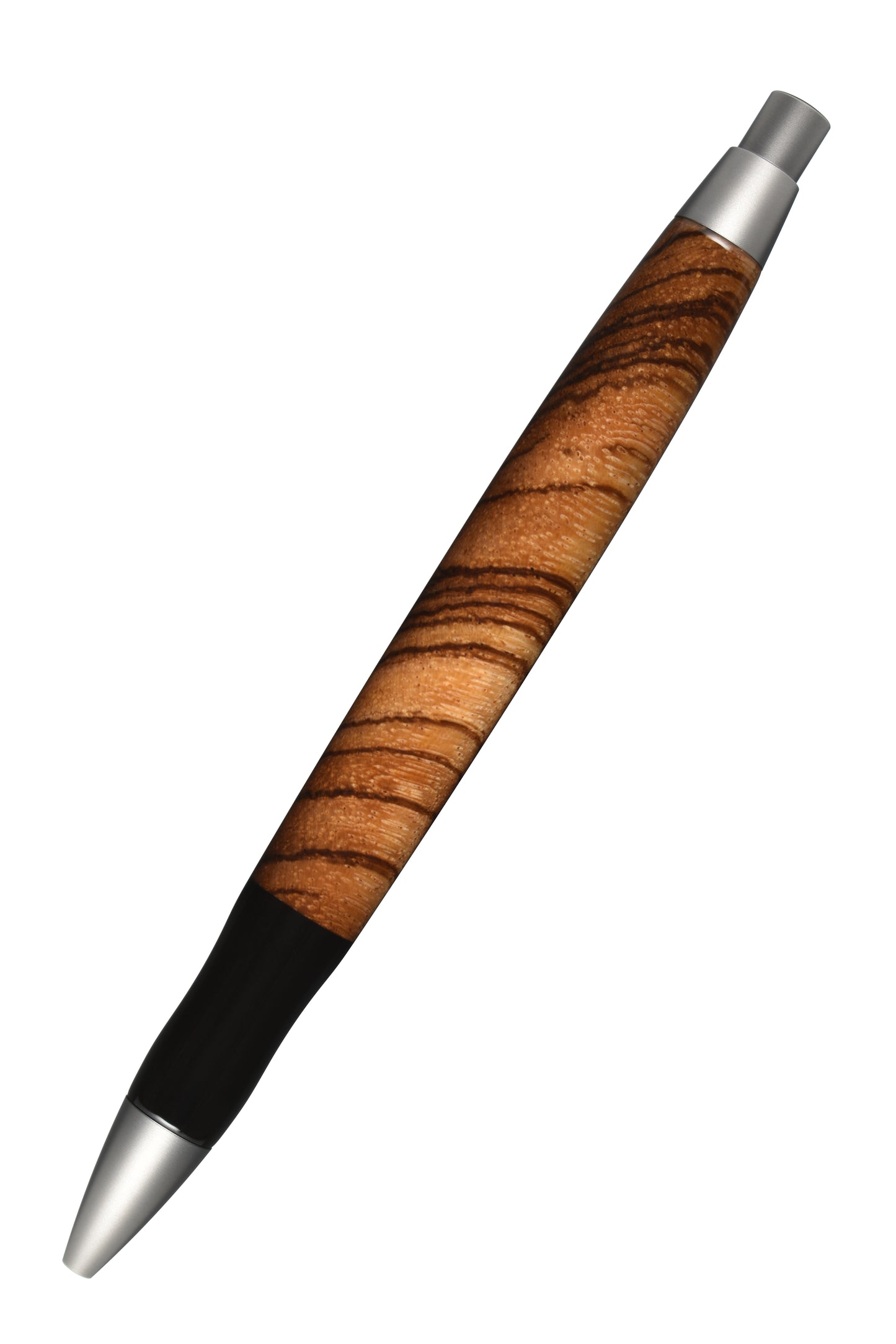 Ansicht von hinten: "EDELGRAF CLASSIC Kugelschreiber aus Zebrano, schräg dargestellt, Spitze unten links, Drücker oben rechts, auf weißem Hintergrund – Rückansicht, Seriennummer 01/0049