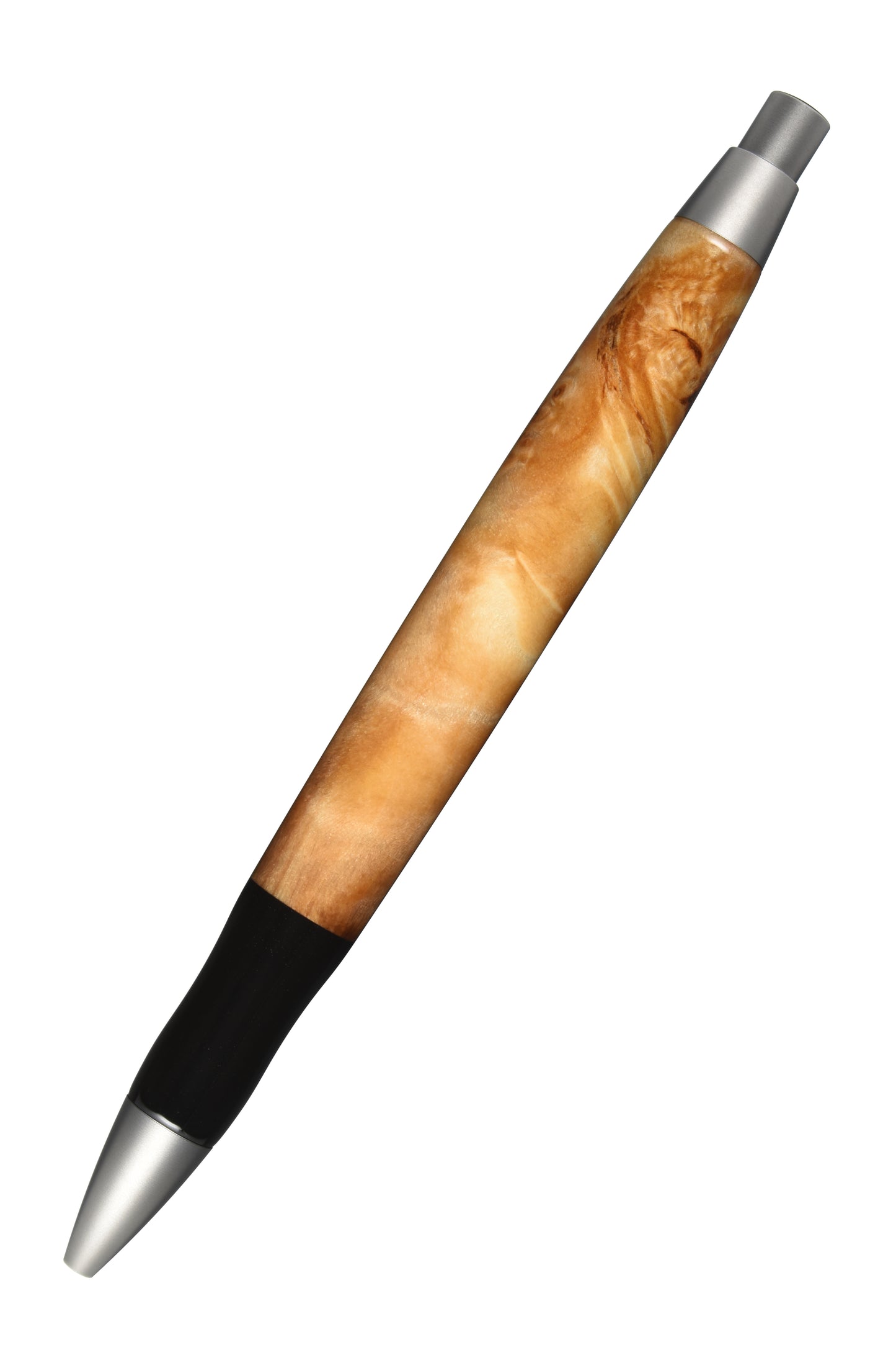 Ansicht von hinten: "EDELGRAF CLASSIC Kugelschreiber aus Pappel Maser, schräg dargestellt, Spitze unten links, Drücker oben rechts, auf weißem Hintergrund – Rückansicht, Seriennummer 01/0057