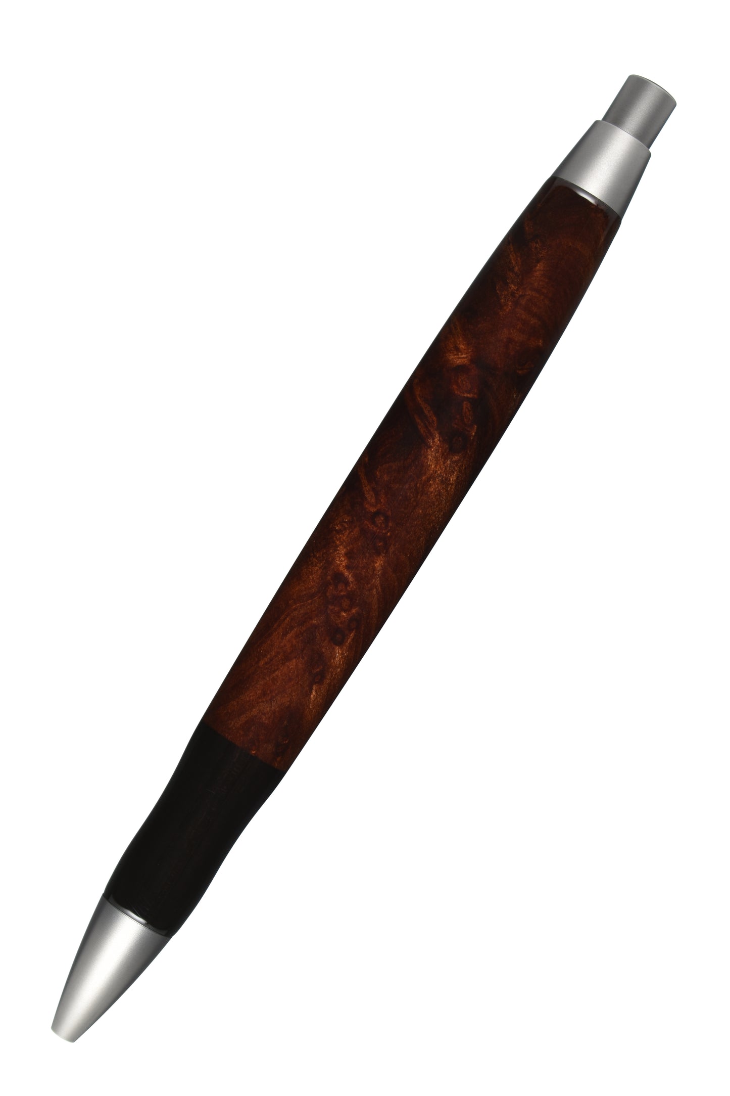 Ansicht von hinten: "EDELGRAF CLASSIC Kugelschreiber aus Vavona Maser, schräg dargestellt, Spitze unten links, Drücker oben rechts, auf weißem Hintergrund – Rückansicht, Seriennummer 01/0060