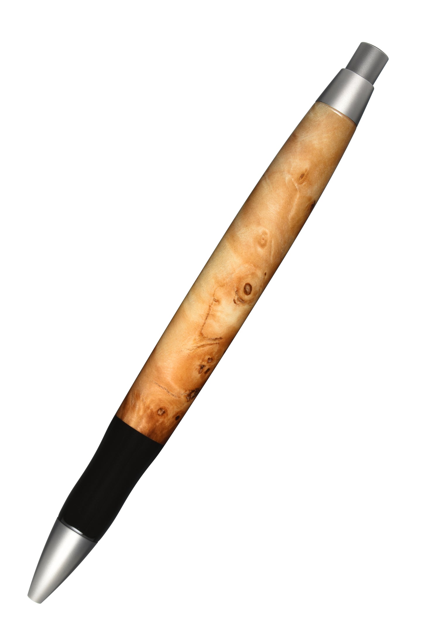Ansicht von hinten: "EDELGRAF CLASSIC Kugelschreiber aus Pappel Maser, schräg dargestellt, Spitze unten links, Drücker oben rechts, auf weißem Hintergrund – Rückansicht, Seriennummer 01/0069