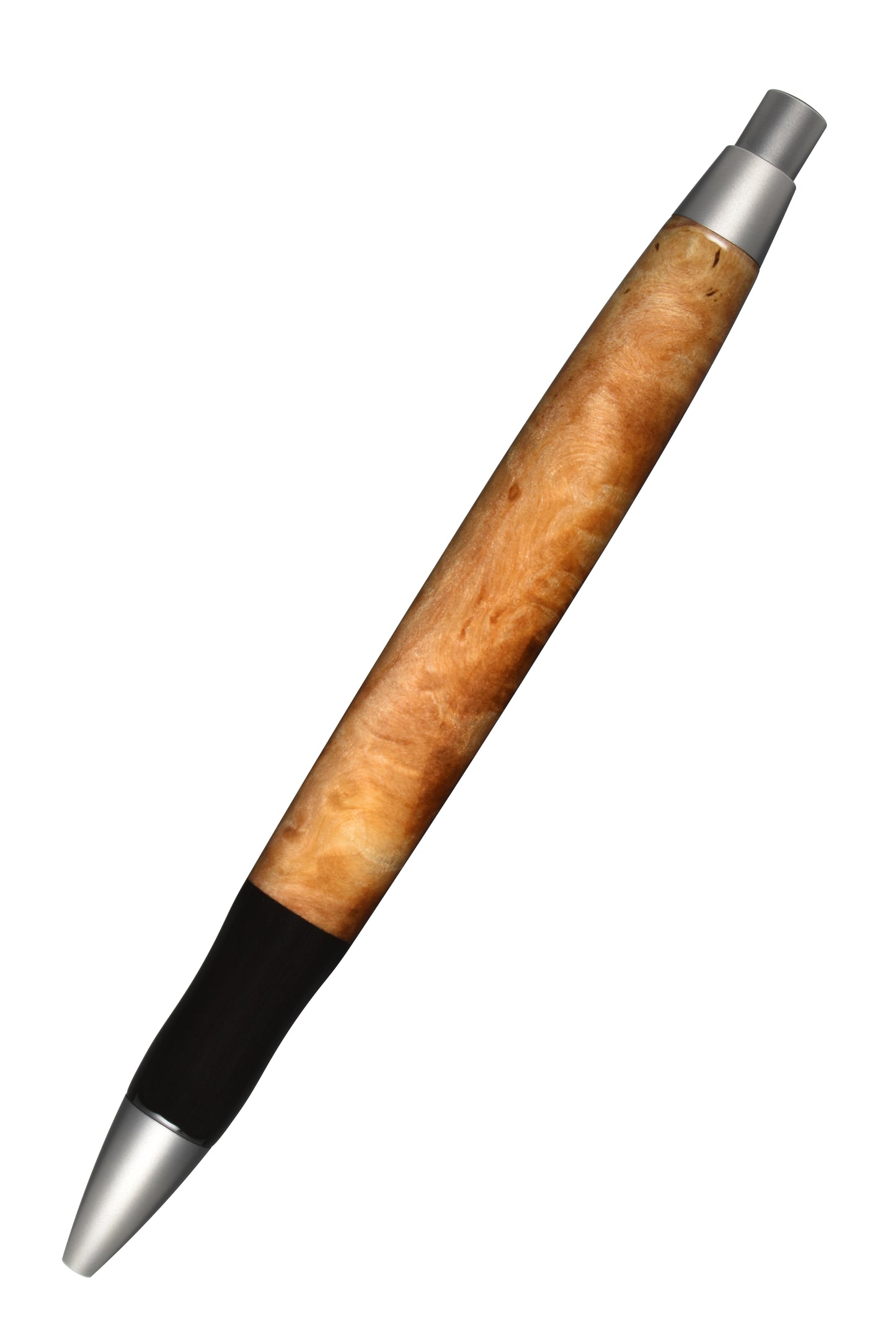 Ansicht von hinten: "EDELGRAF CLASSIC Kugelschreiber aus Pappel Maser, schräg dargestellt, Spitze unten links, Drücker oben rechts, auf weißem Hintergrund – Rückansicht, Seriennummer 01/0081