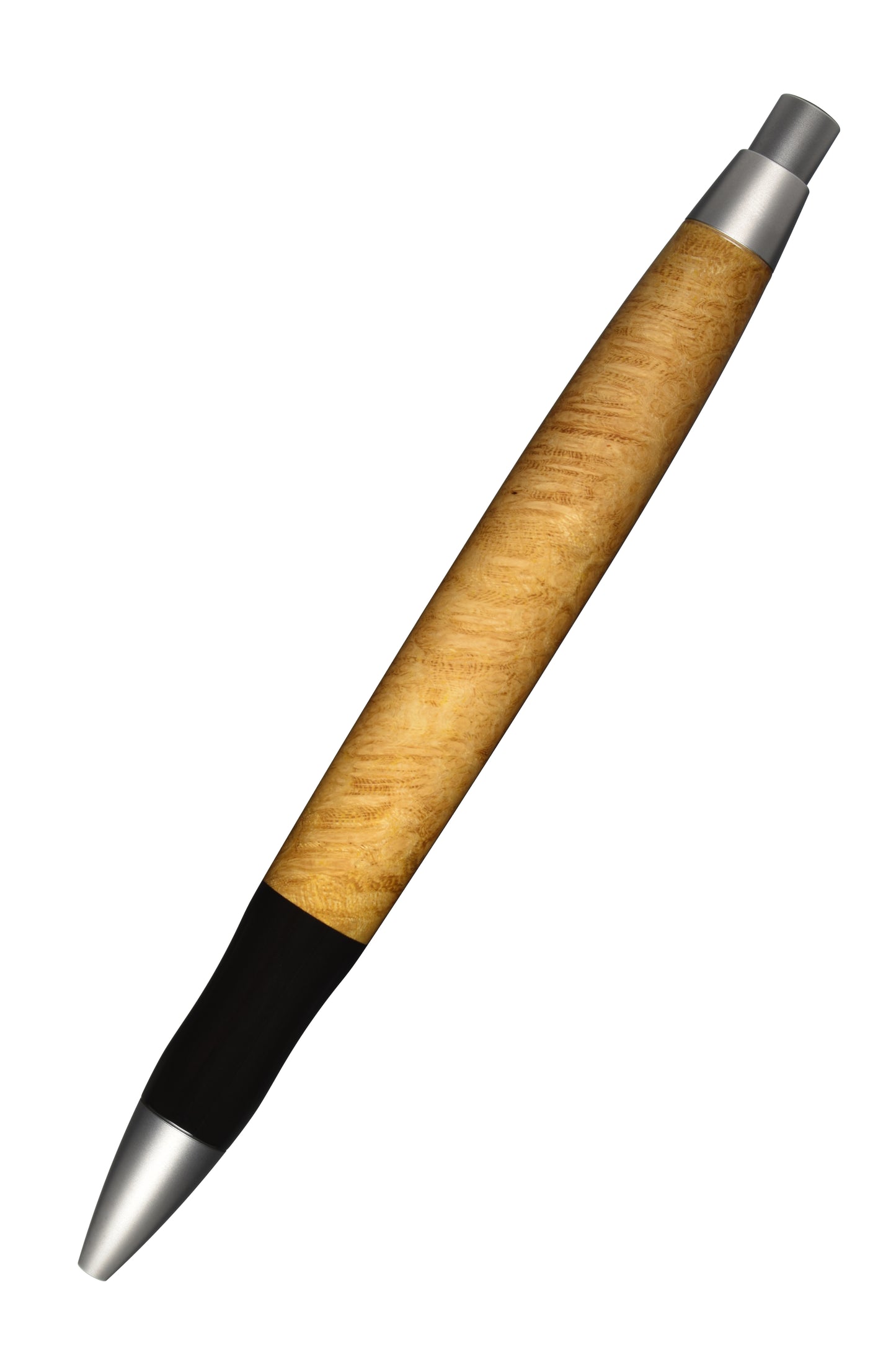 Ansicht von hinten: "EDELGRAF CLASSIC Kugelschreiber aus Robinie Maser, schräg dargestellt, Spitze unten links, Drücker oben rechts, auf weißem Hintergrund – Rückansicht, Seriennummer 01/0090