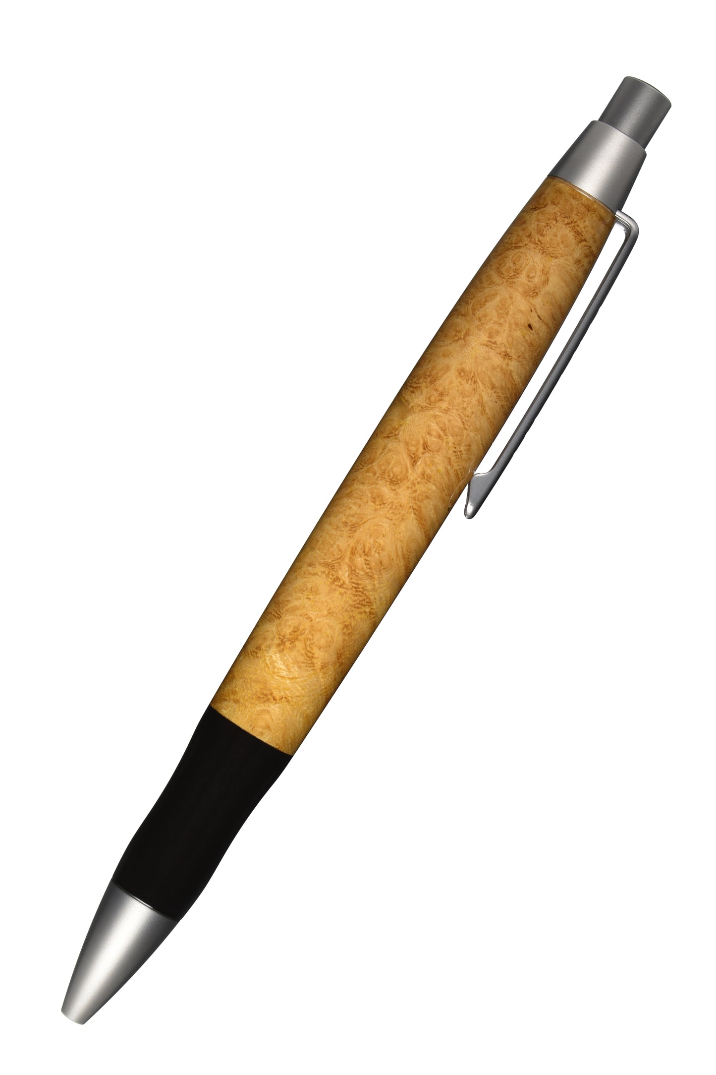 Ansicht von rechts: "EDELGRAF CLASSIC Kugelschreiber aus Robinie Maser, schräg dargestellt, Spitze unten links, Drücker oben rechts, auf weißem Hintergrund – rechte Seitenansicht, Seriennummer 01/0090