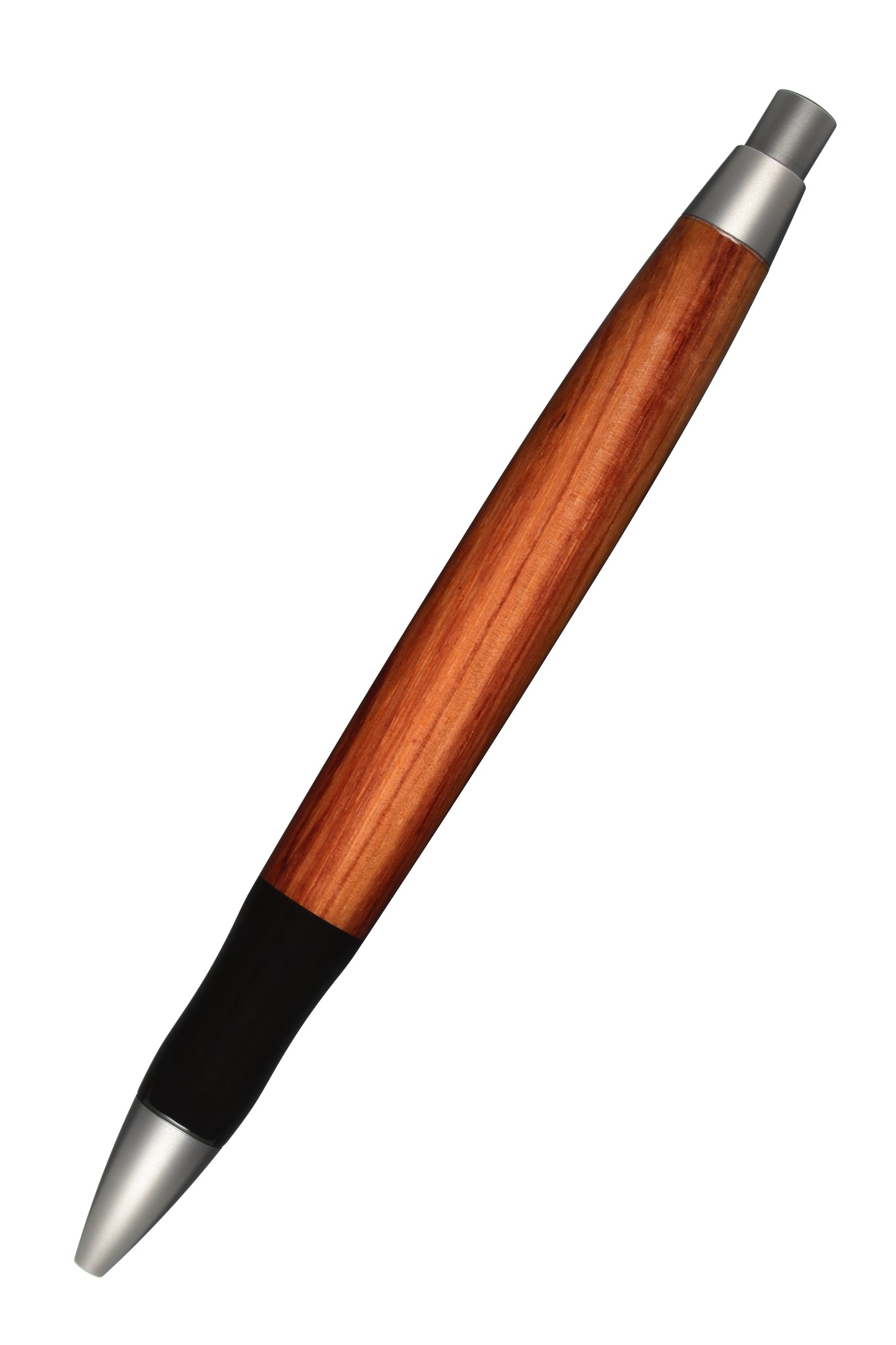 EDELGRAF CLASSIC Kugelschreiber aus Bahia Rosenholz, schräg dargestellt, Spitze unten links, Drücker oben rechts, auf weißem Hintergrund – Rückansicht, Seriennummer 01/0096