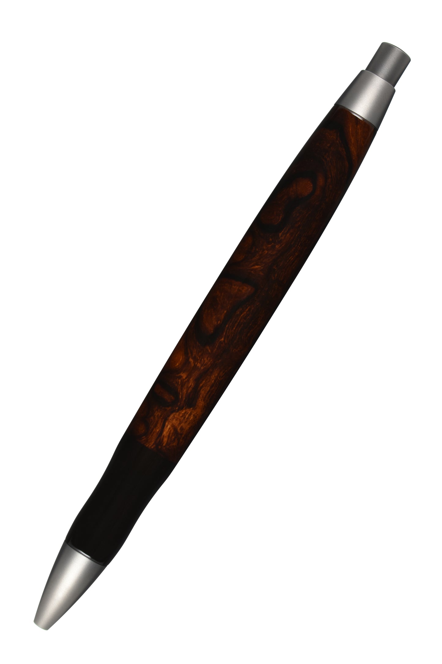 EDELGRAF CLASSIC Kugelschreiber aus Wüsteneisenholz, schräg dargestellt, Spitze unten links, Drücker oben rechts, auf weißem Hintergrund – Rückansicht, Seriennummer 01/0104