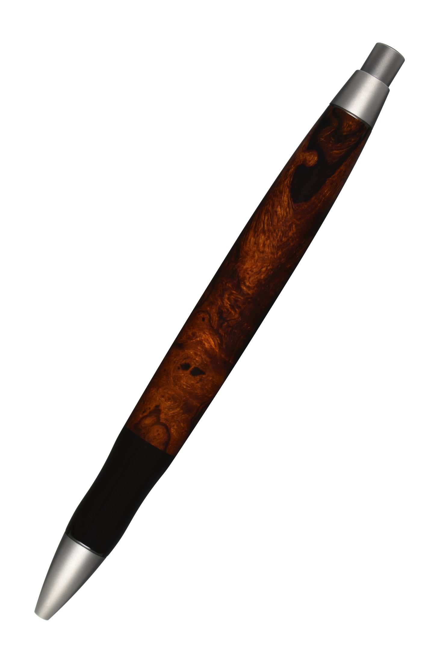 EDELGRAF CLASSIC Kugelschreiber aus Wüsteneisenholz, schräg dargestellt, Spitze unten links, Drücker oben rechts, auf weißem Hintergrund – Rückansicht, Seriennummer 01/0107