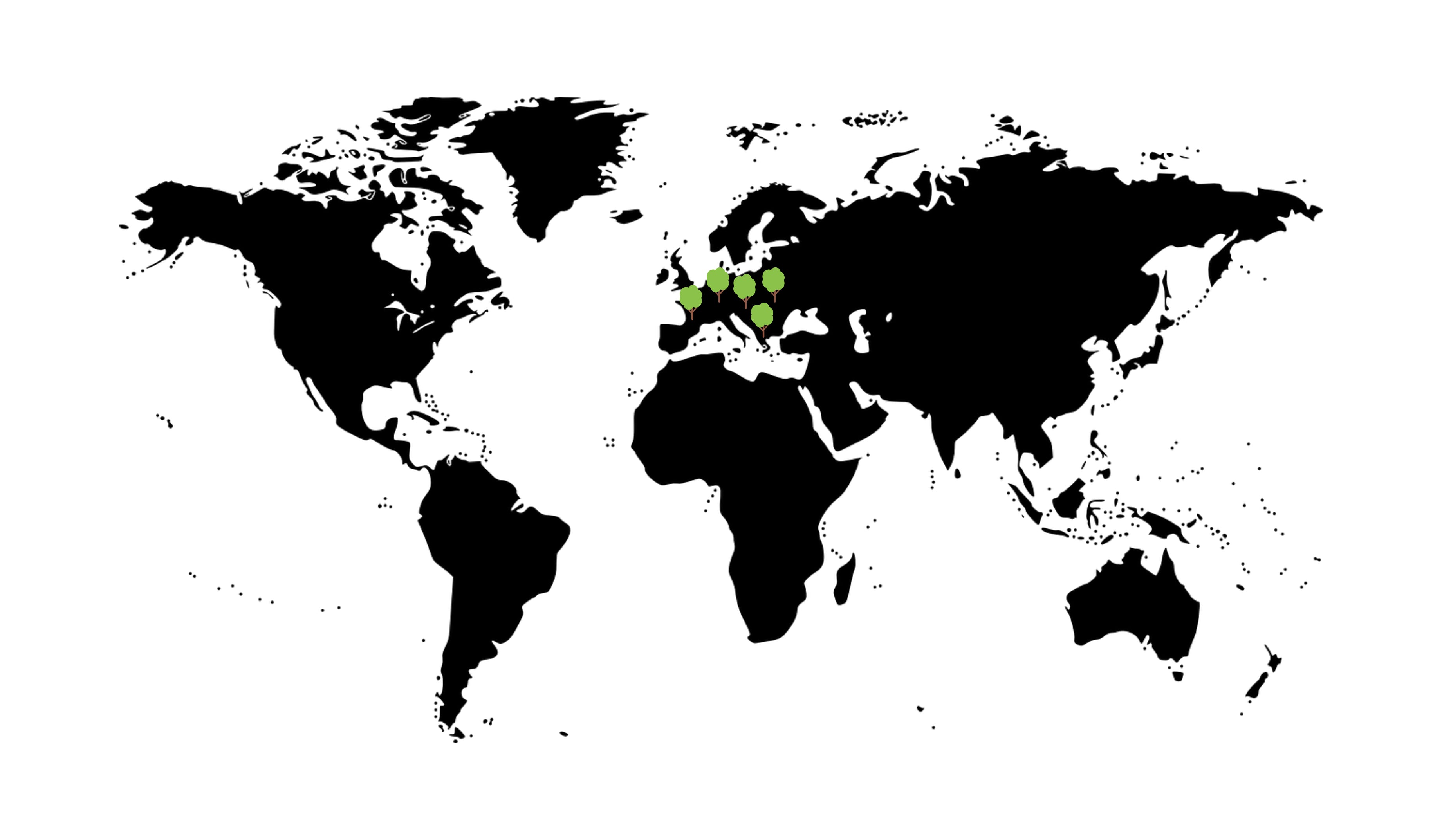 Schwarz-weiße Weltkarte mit kleinen Baumsymbolen, die die Regionen markieren, in denen Gestockte Rotbuche vorkommt