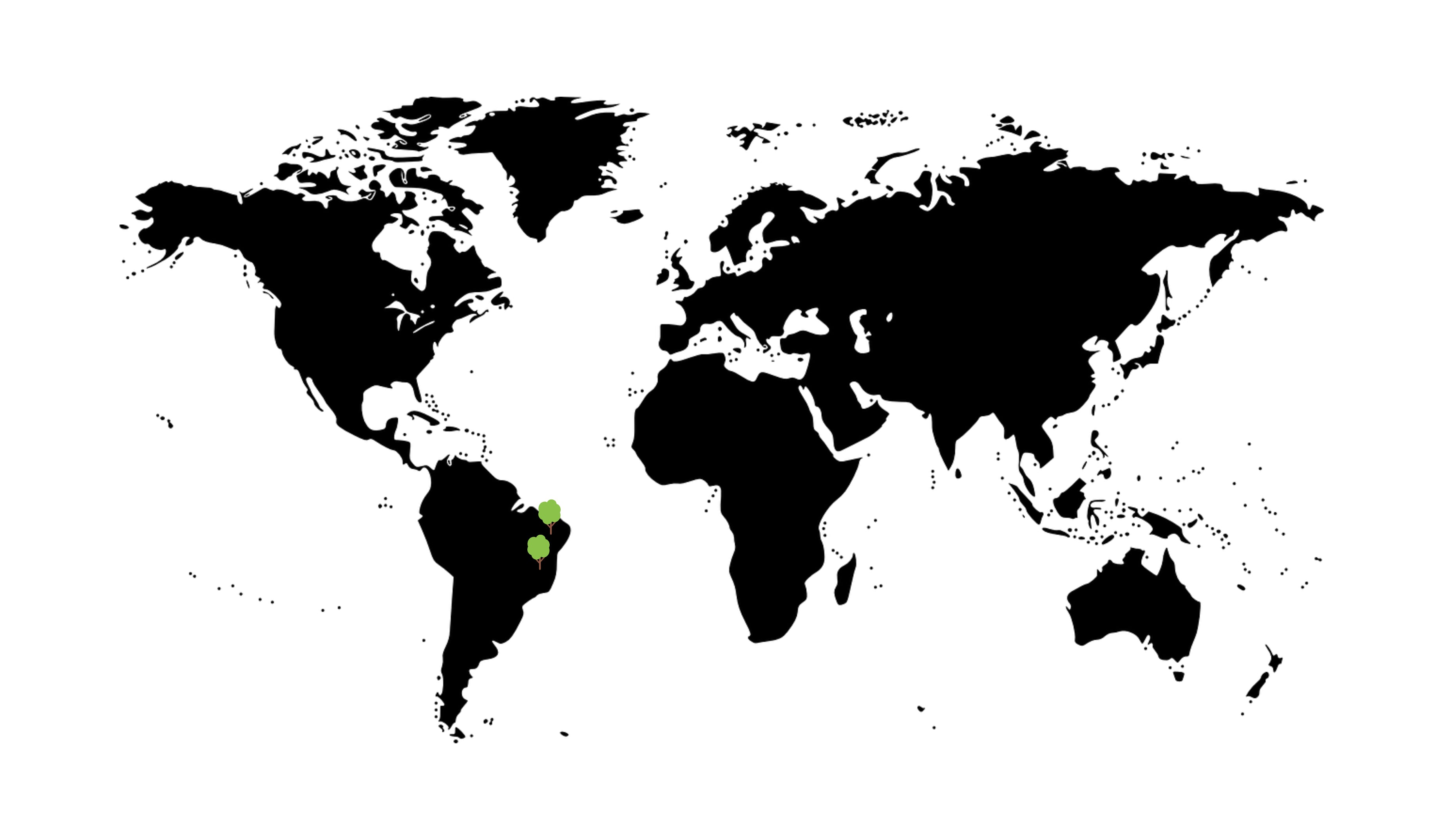 Schwarz-weiße Weltkarte mit kleinen Baumsymbolen, die die Regionen markieren, in denen Bahia Rosenholz vorkommt